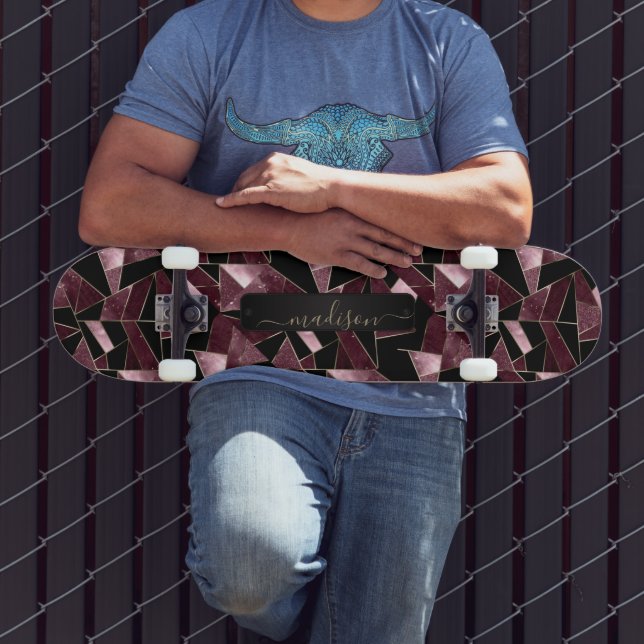 Skateboard Motif Abstrait rose foncé, noir et or (Extérieur 3)