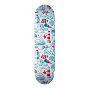 Skateboard Motif blanc et bleu rouge nautique