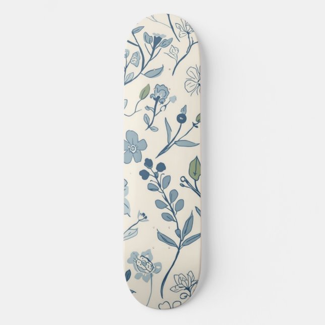 Skateboard Motif botanique de prairie de fleurs sauvages bleu (Recto)