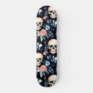 Skateboard Motif d'aquarelle Goth Skull Flowers