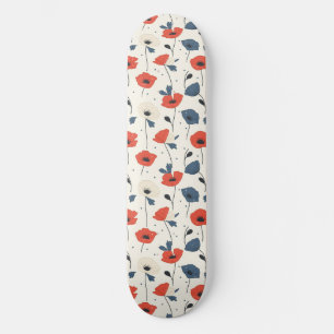 Skateboard Motif de Poppies d'aquarelle - Rouge, Bleu et Blan
