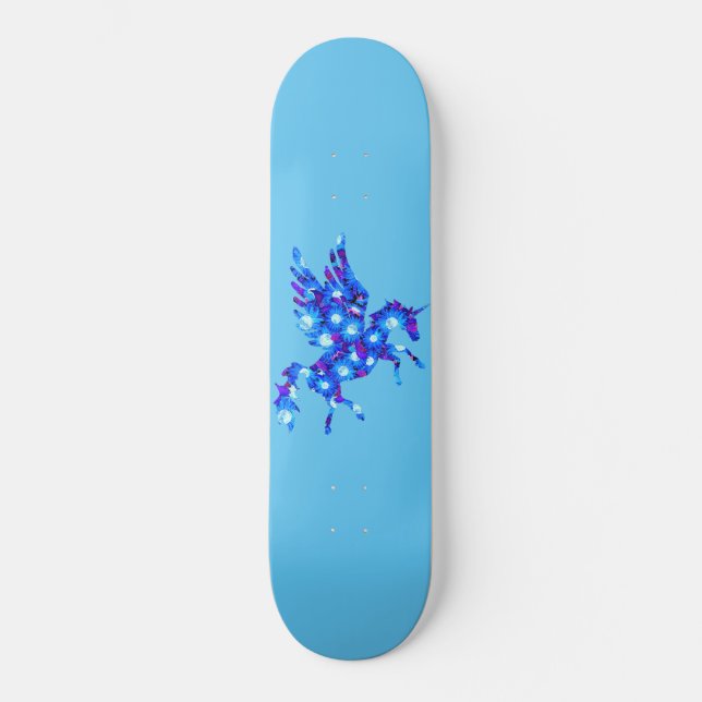 Skateboard Motif des fleurs bleues et violettes Unicorn Pegas (Recto)