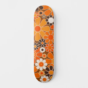Skateboard Motif floral rétro groovy des années 70 orange et