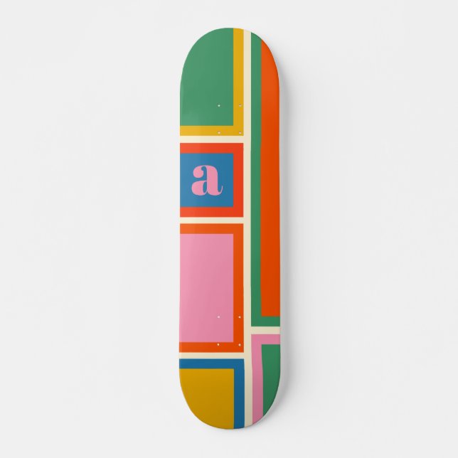 Skateboard Motif géométrique modulaire coloré avec initial (Devant)
