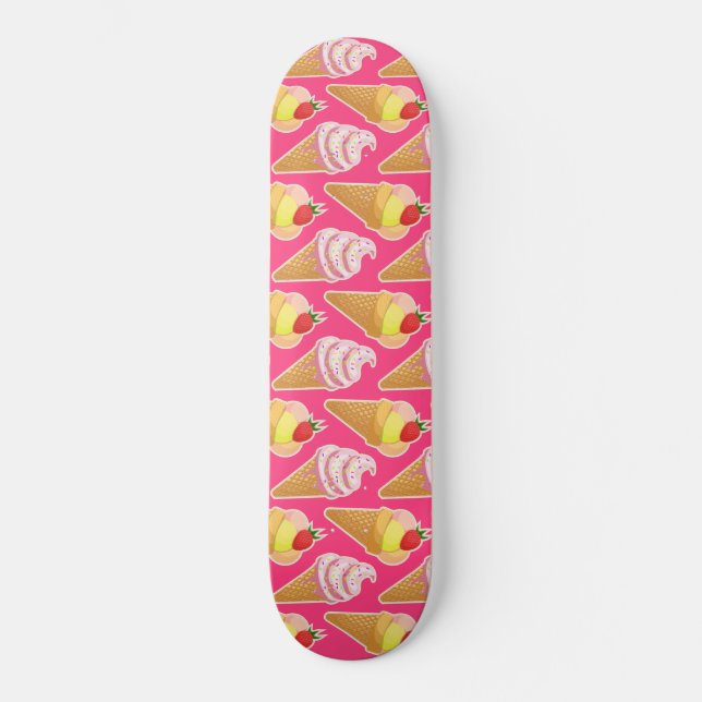 Skateboard Motif rose Kawaii avec crème glacée aux fraises (Recto)