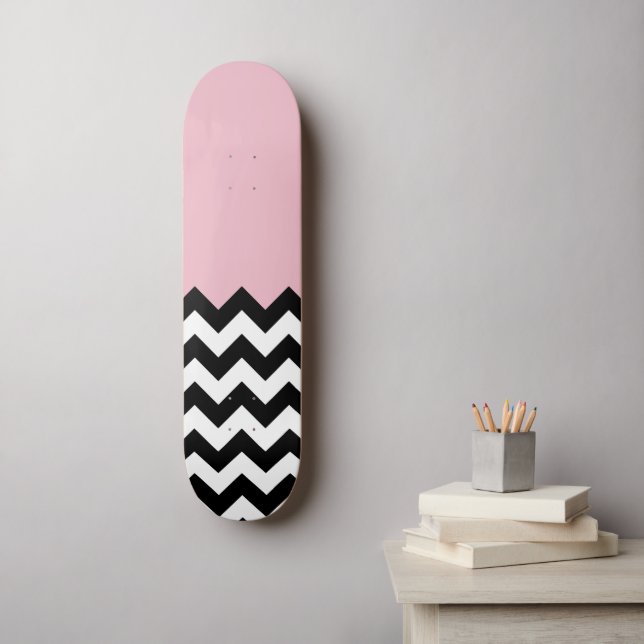 Skateboard Motif Zigzag noir et blanc, Chevron, rose (Art mural)