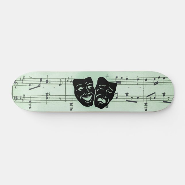 Skateboard Musique verte et masques grecs de théâtre (Horz)