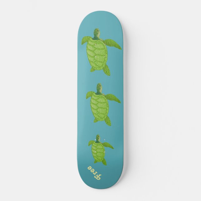 Skateboard Natation tortues de mer et calligraphie sur turquo (Recto)