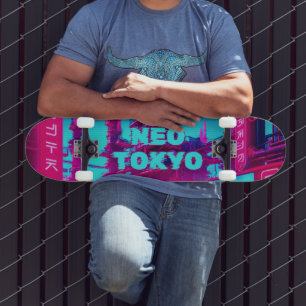 Skateboard Néo-Tokyo Cyberpunk Voiture Synthwave Rue