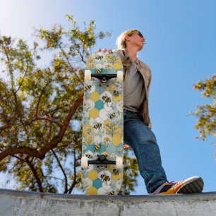 Skateboard Nid d'abeille floral avec abeilles jaunes et sarce