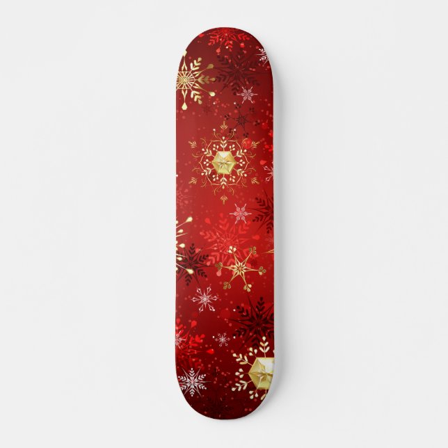 Skateboard Noël Golden Snowflakes sur Arrière - plan rouge (Devant)