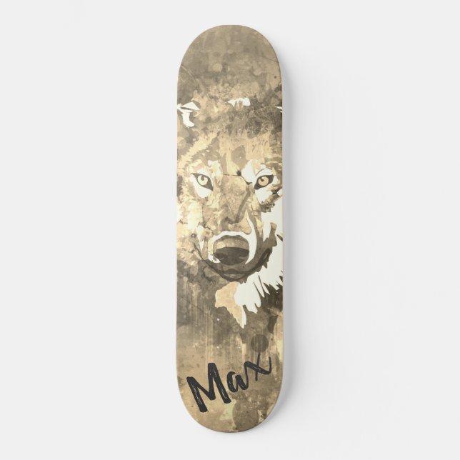 Skateboard Noir blanc gris abstrait d'aquarelle loup (Recto)
