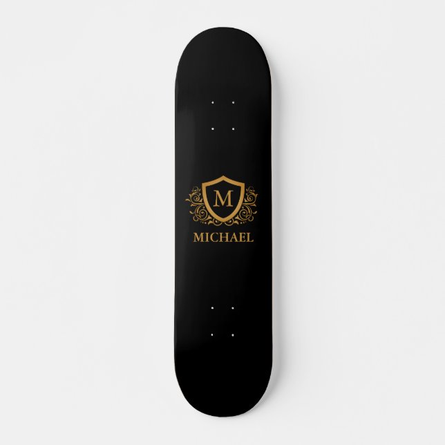 Skateboard Noir et Or Personnalisé Stylo Nom Monogramme (Devant)