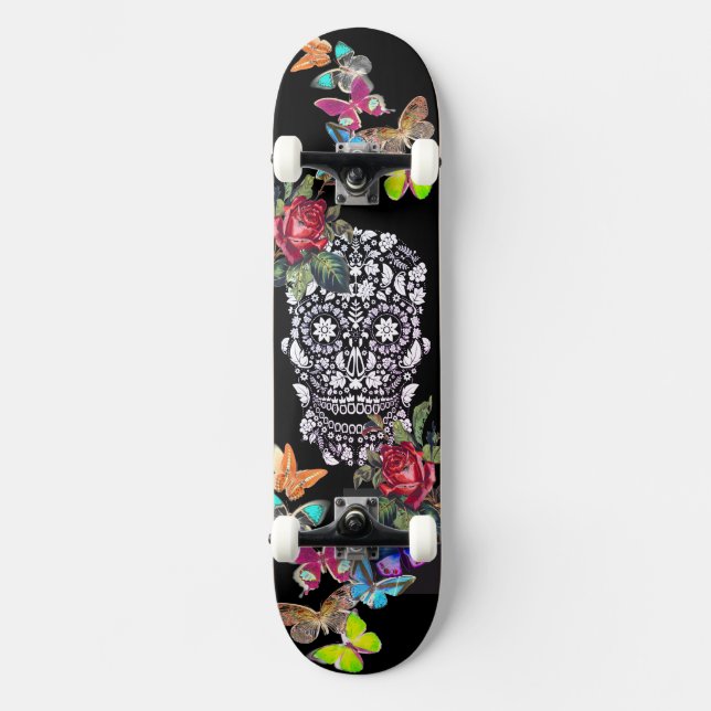 SKATEBOARD NOIR FLEURS ET BUTTERFLIS (Recto)