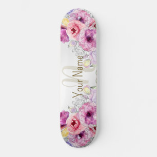 Skateboard Nom du monogramme Colorful rose floral argent élég