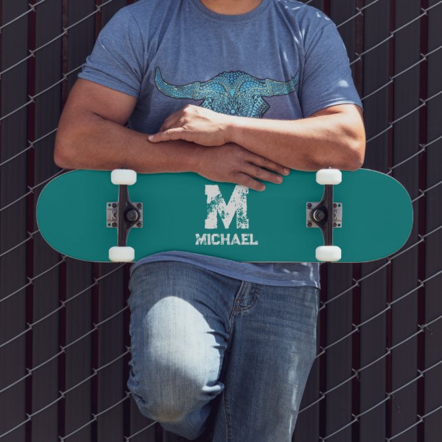 Skateboard Nom du monogramme Turquoise bleu vert Modèle perso (Extérieur 3)