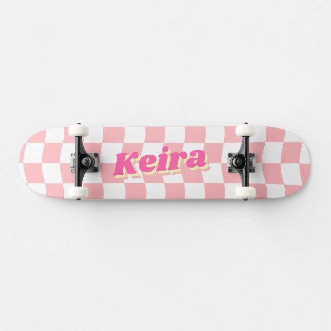 Skateboard Nom Girly Pink Motif Checker blanc (Horz)