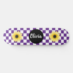Skateboard Nom personnalisé Checkerboard & Sunflower violet