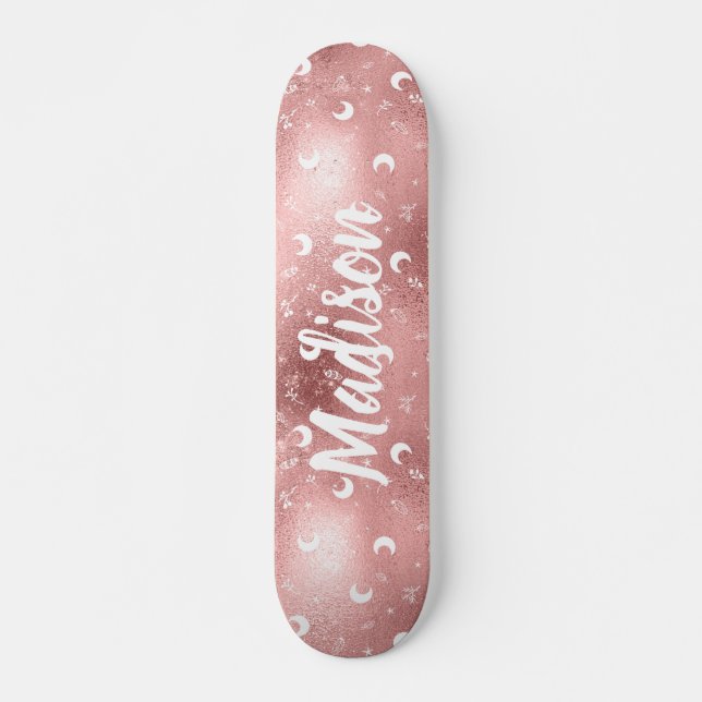 Skateboard Nom personnalisé Fairy Pink Moon Rose Gold Chic (Devant)