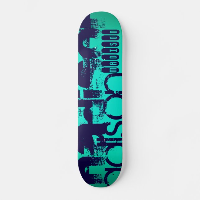Skateboard Nom personnalisé ; Navy Blue et Neon Aqua Turquois (Recto)