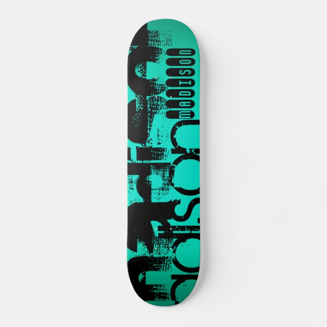 Skateboard Nom personnalisé ; Noir & Néon Aqua Turquoise (Recto)