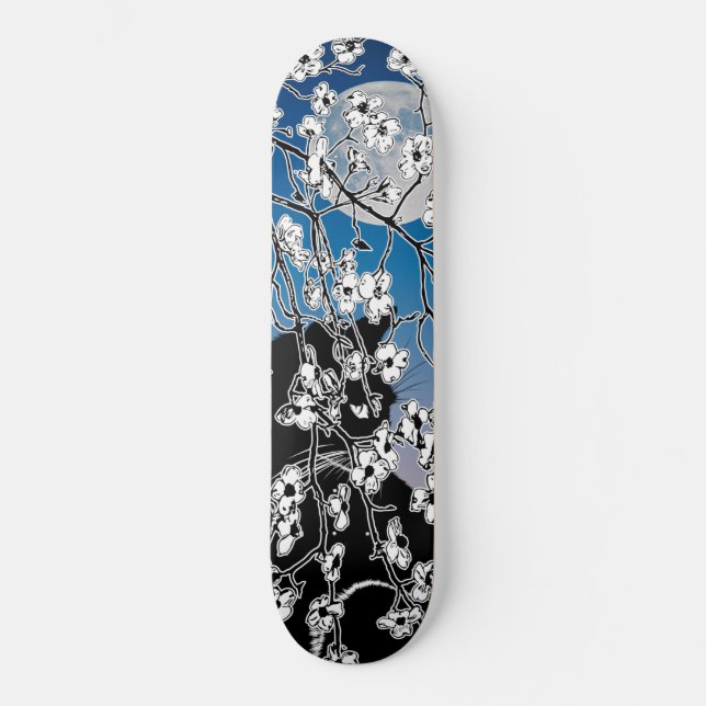 Skateboard Nuit de Pleine lune de chat noir en fleurs de ceri (Recto)