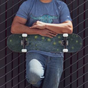 Skateboard Nuit étoilée sur le Rhône, peinture à l'huile Van