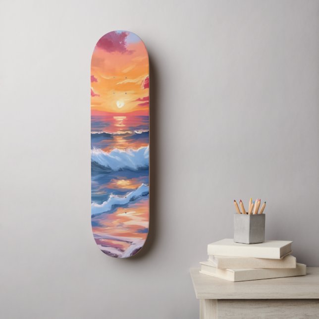Skateboard Ocean Sunset Beach Waves Watercolor (Art mural)