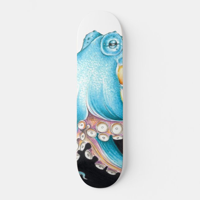 Skateboard Octopus Bleu Sur Encre Blanche (Recto)