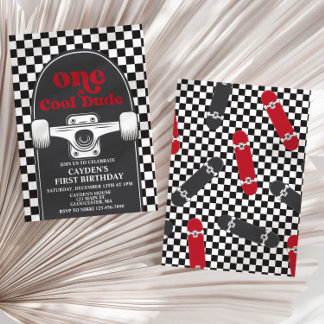 Skateboard One Cool Dude 1st Birthday Invitation