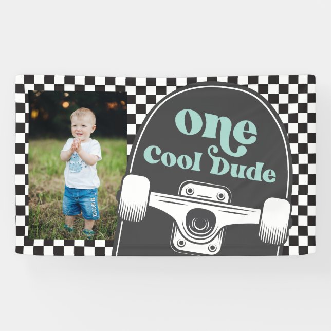 Skateboard One Cool Dude Birthday Photo  Banner (Horizontal)