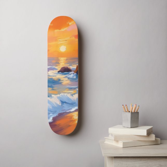 Skateboard Orange Beach Sunset Coastal Peint (Art mural)