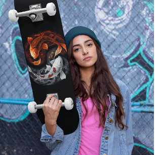 Skateboard Orange Et Blanc Lucky Koi Poisson Japon Art
