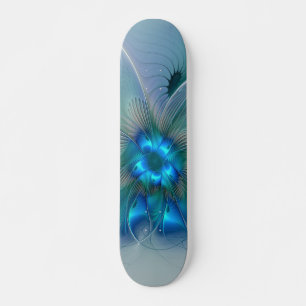 Skateboard Ovations debout, fractale abstraite bleu turquoise