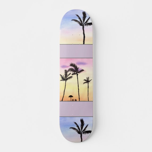 Skateboard Palmiers avec des levers de soleil au pastel (Devant)