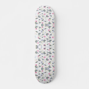 Skateboard Papillon bleu et fleurs roses à l'aquarelle vintag