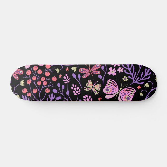 Skateboard Papillon coloré et Fleurs Rose mignon (Horz)