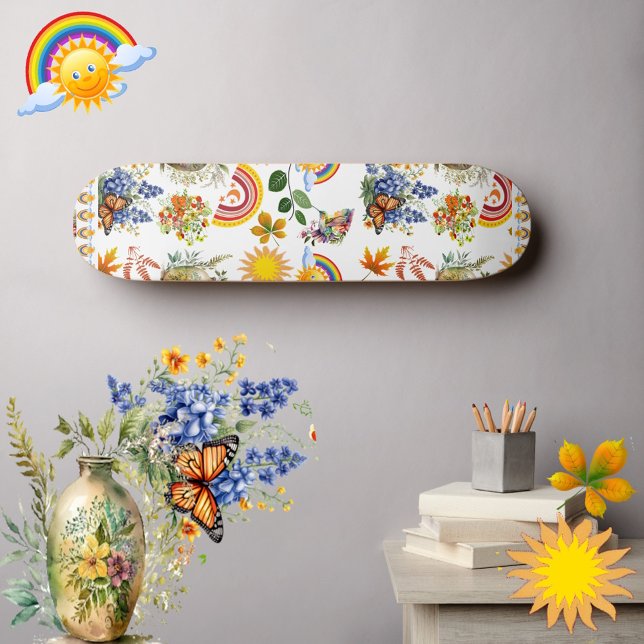 Skateboard Papillon du jardin de printemps Arc en ciel Vert s (Spring Garden Butterfly Rainbow Sunshine Greenery Skateboard)