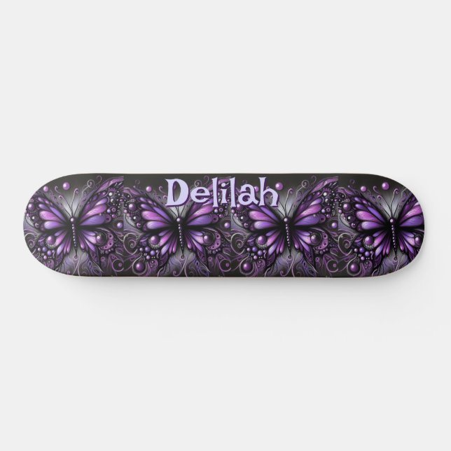 Skateboard Papillon gothique violet noir personnalisé (Horz)