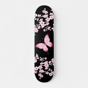 Skateboard Papillon Noir Rose Et Fleurs De Cerisiers