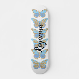 Skateboard Papillons à étincelles bleu or Personnalisé