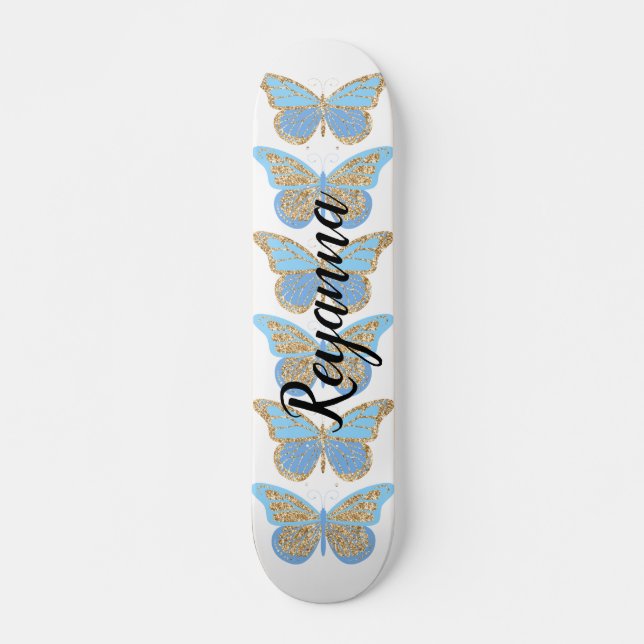 Skateboard Papillons à étincelles bleu or Personnalisé (Devant)