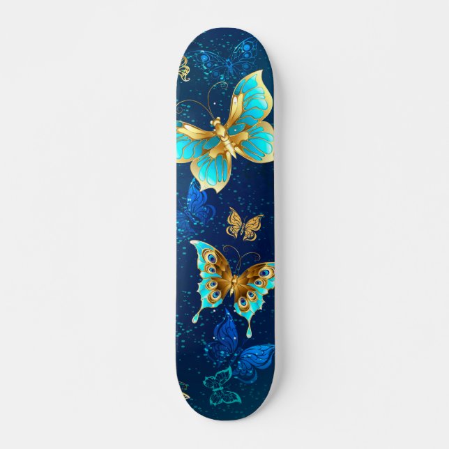 Skateboard Papillons d'or sur un Arrière - plan bleu (Devant)