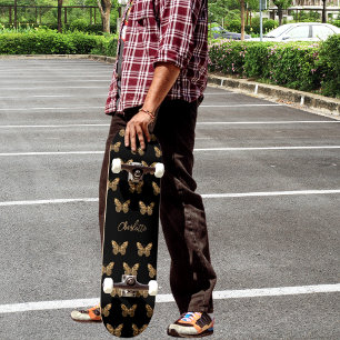 Skateboard Papillons en or noir motif script de nom