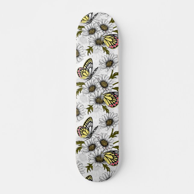 Skateboard Papillons Jézabel et fleurs marguerites sur blanc (Devant)
