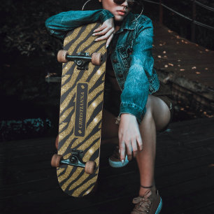 Skateboard Parties scintillant noir & or Animal Zebra Tiger S