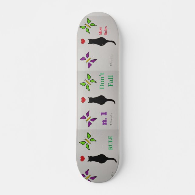 Skateboard Passion Chat Noir avec Coeur Rouge & Papillons (Devant)