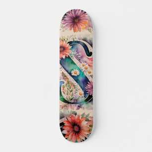 Skateboard Pastel & Bijoux Tone Aquarelle Fleurs Monogramme S