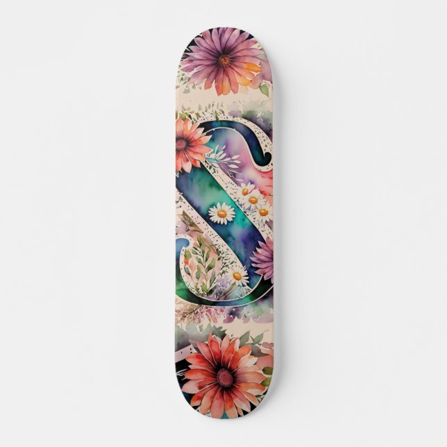 Skateboard Pastel & Bijoux Tone Aquarelle Fleurs Monogramme S (Devant)