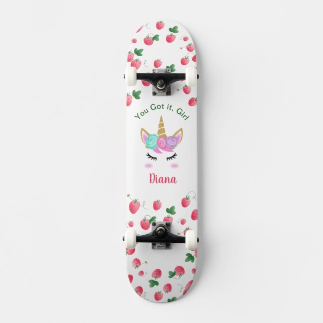 Skateboard Patinage de fraise Unicorne avec nom (Recto)